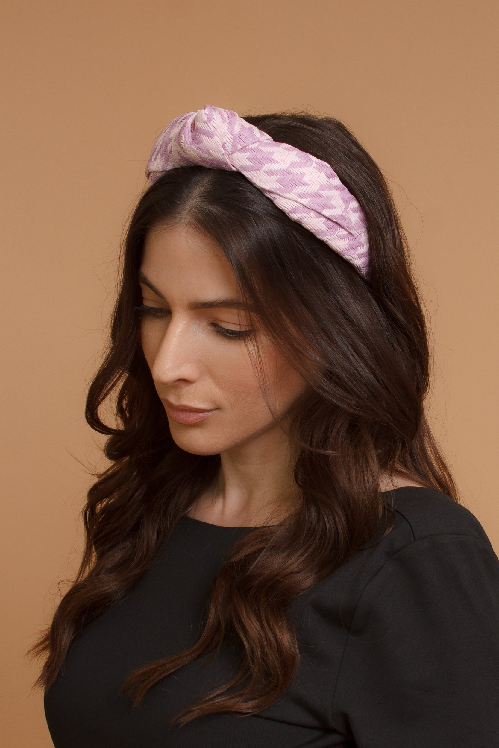 Woven straw headband with knot top, in lilac. Image 5