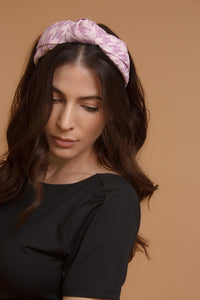 Woven straw headband with knot top, in lilac. Image 6
