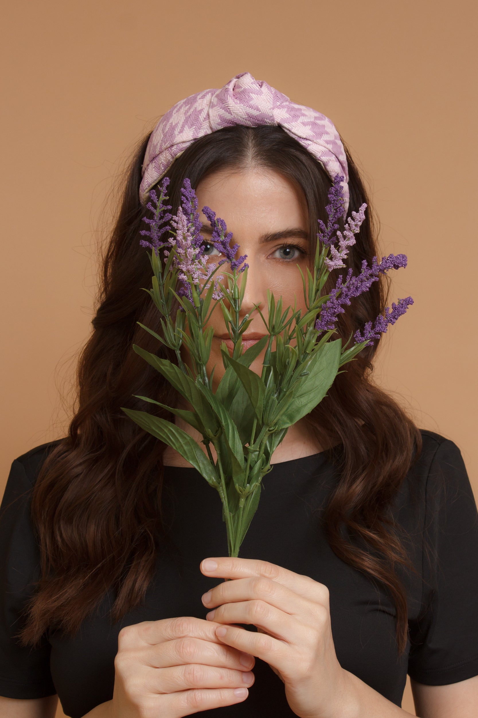 Woven straw headband with knot top, in lilac. Image 7