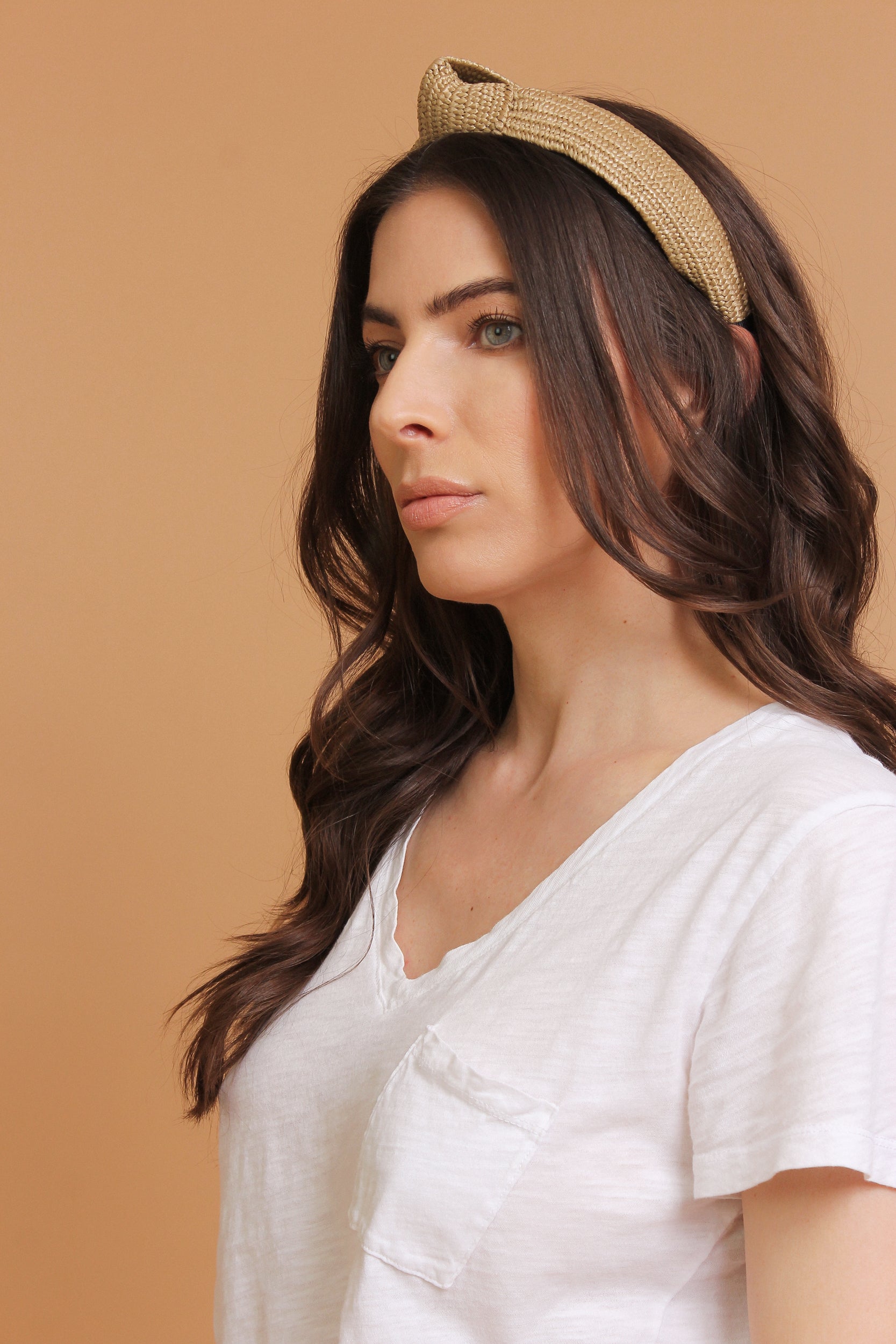 Woven straw headband with knot top, in Natural. Image 4