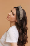 Woven straw headband with knot top, in Black Mix. Image 5