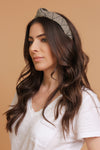 Woven straw headband with knot top, in Black Mix. Image 6
