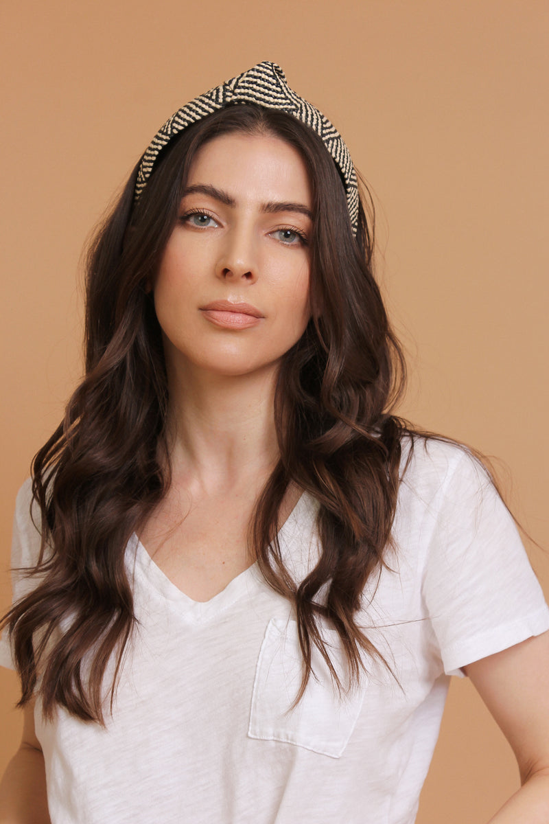 Woven straw headband with knot top, in Black Mix. Image 7