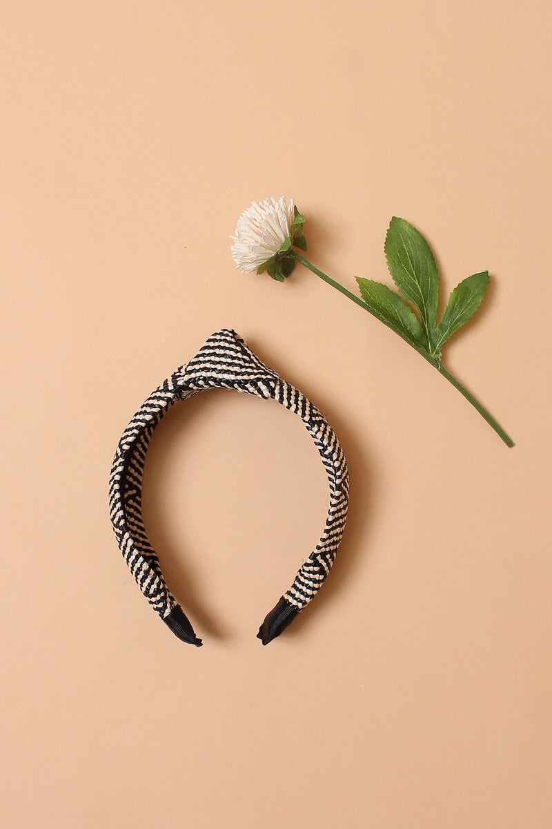 Woven straw headband with knot top, in Black Mix. Image 8