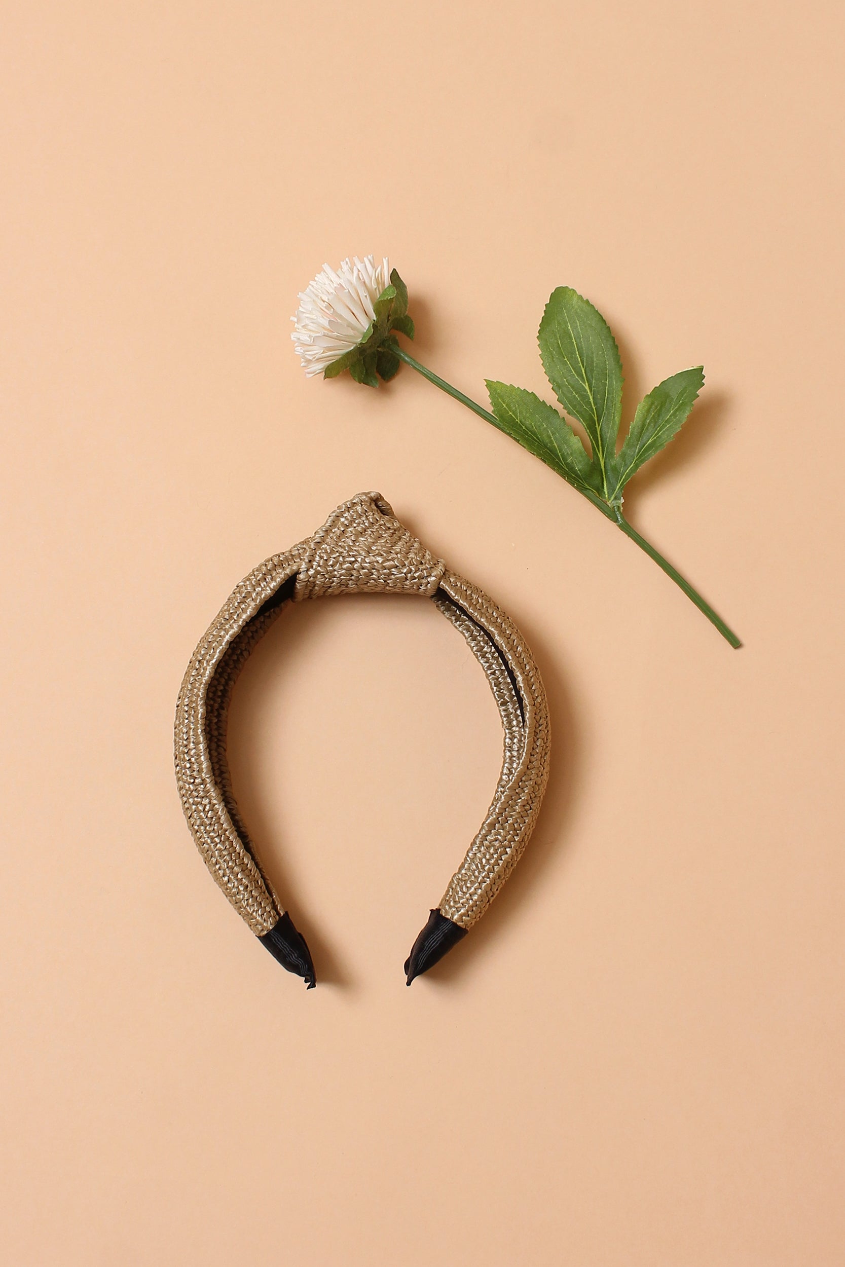 Woven straw headband with knot top, in Natural. Image 9