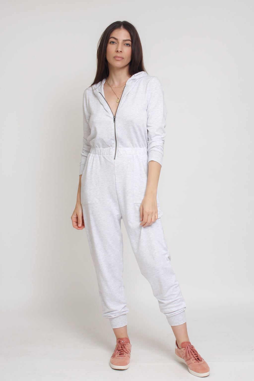 Zip front jumpsuit with hood, in heather grey. Image 12